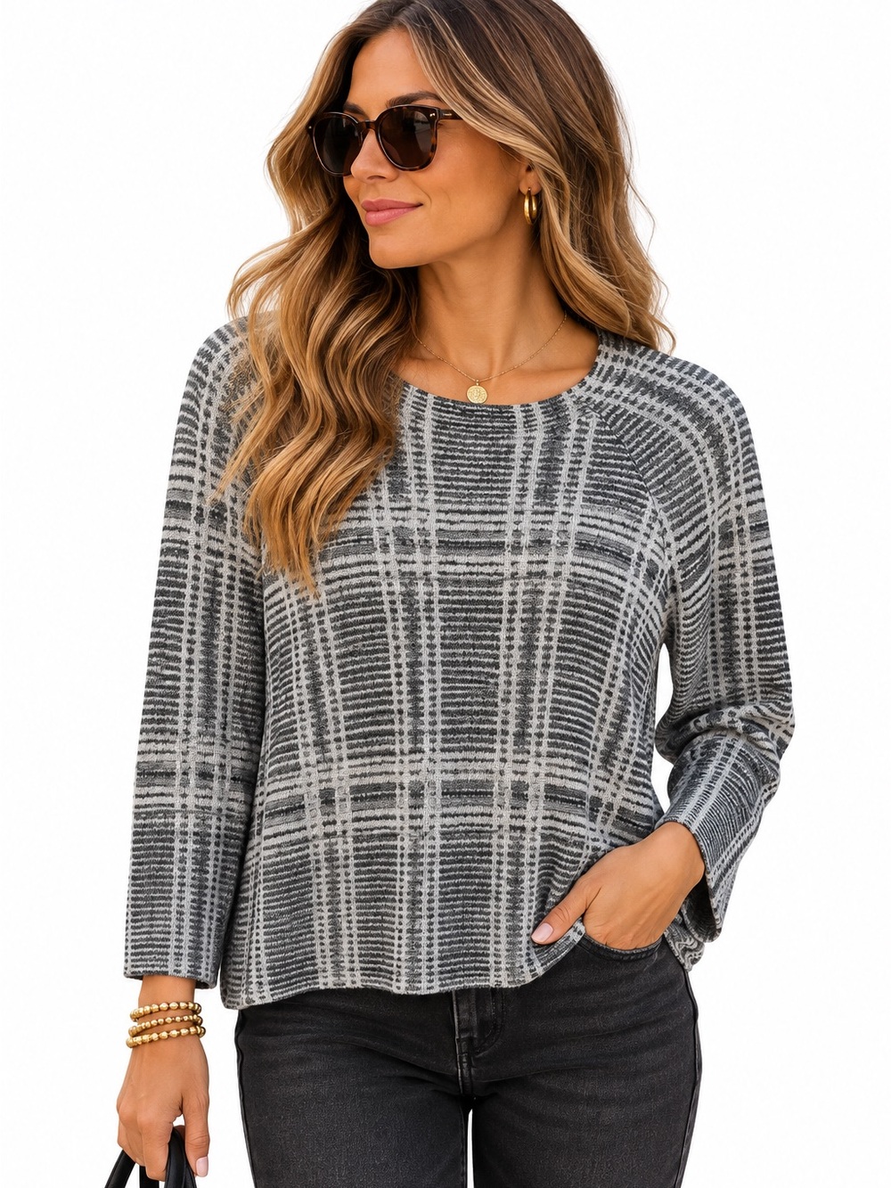 Eileen Fisher Black/Gray Plaid Relaxed Fit Quiet Luxury Sweater size Medium